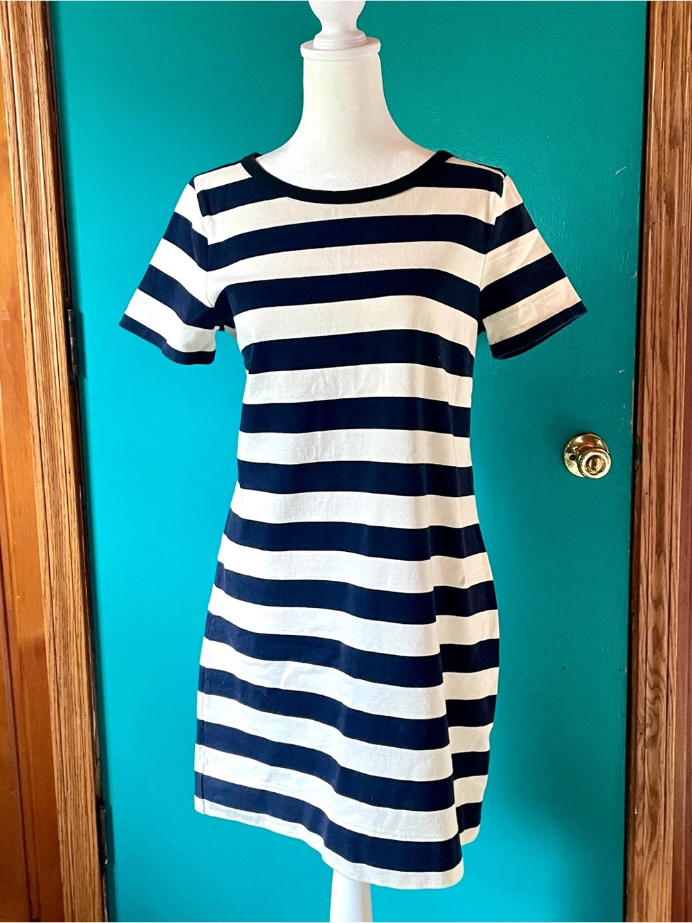 J Crew Navy and White Striped T-shirt short Sleeve Shift Dress.